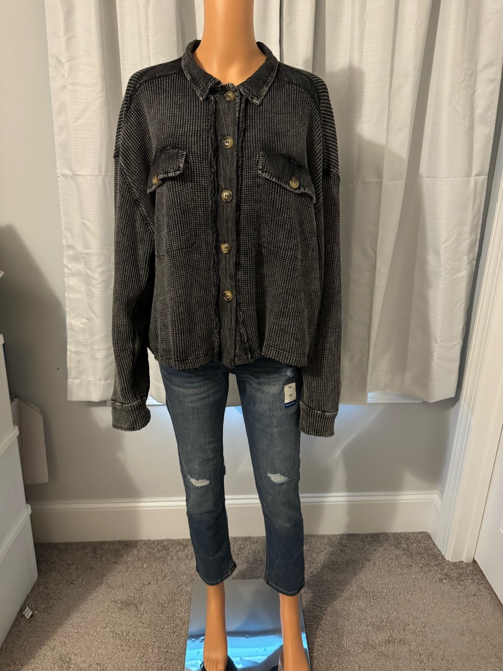Cool Oli & Hali size L charcoal gray washed black waffle knit button up shirt - Picture 2 of 6